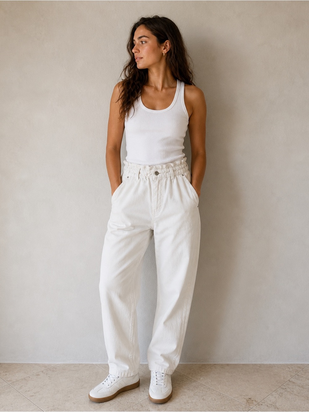 Zara Ivory High-Rise Paperbag Waist Pants